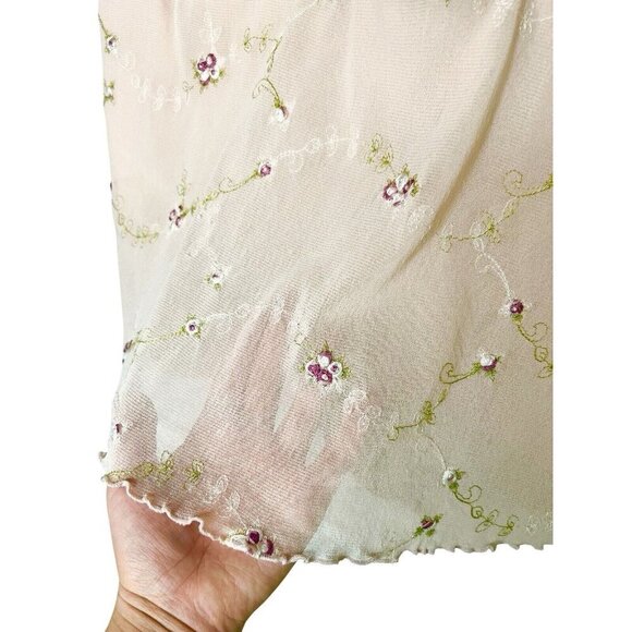 Vtg Baby Doll Top Women L Pale Fairy Y2K Top Lettuce Hem Cottagecore Mesh Floral - Picture 7 of 11